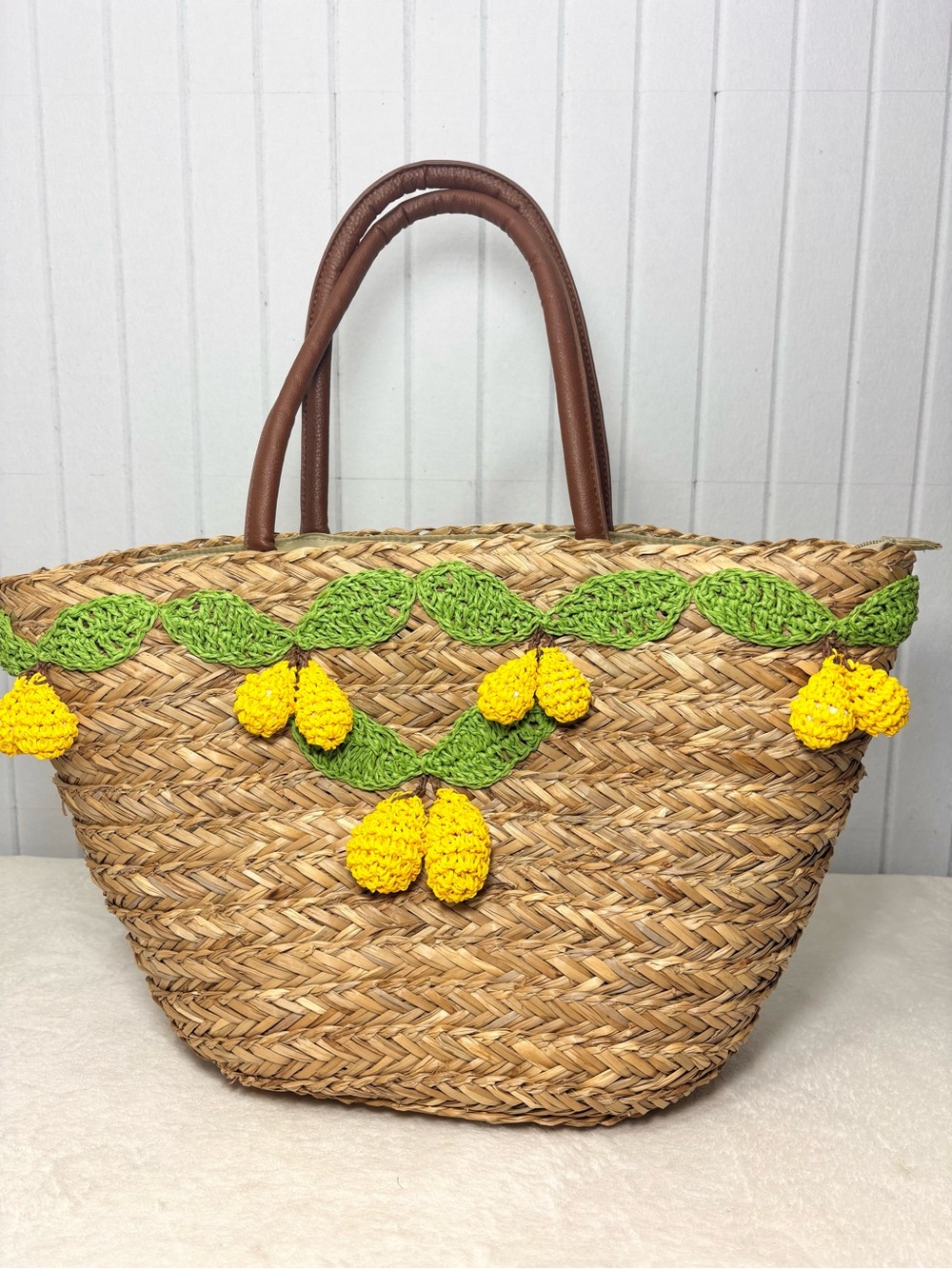 PIA ROSSINI Straw Tote Bag with Yellow Lemon‎ Accents NEW
